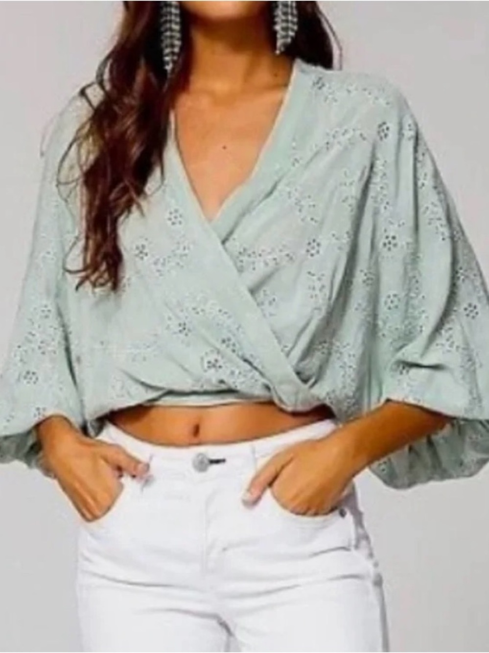 YOUNG FABULOUS & BROKE Tia Eyelet Wrap Top in Mint Green